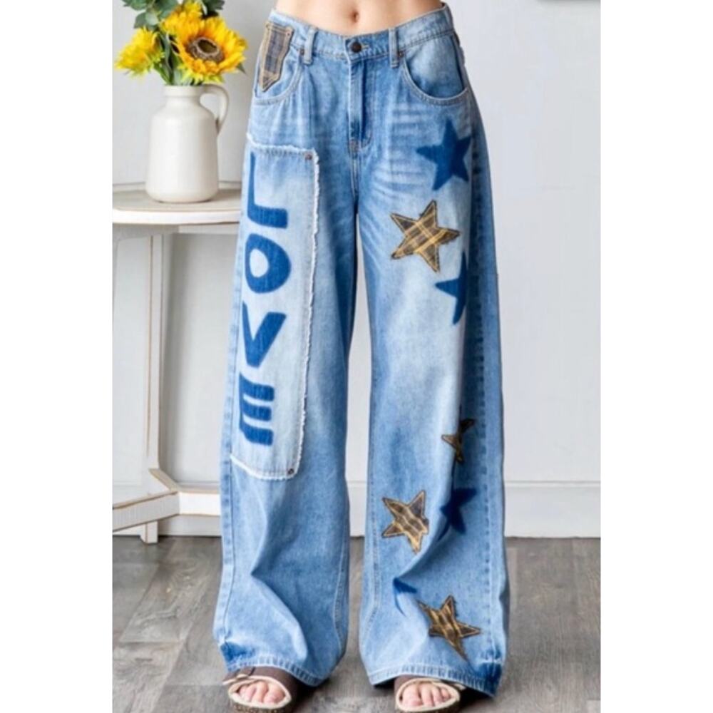 Oli & Hali Love + Stars Buckle Back Wide Leg Baggy Jeans Flare sz L Art-to-Wear - Picture 2 of 15